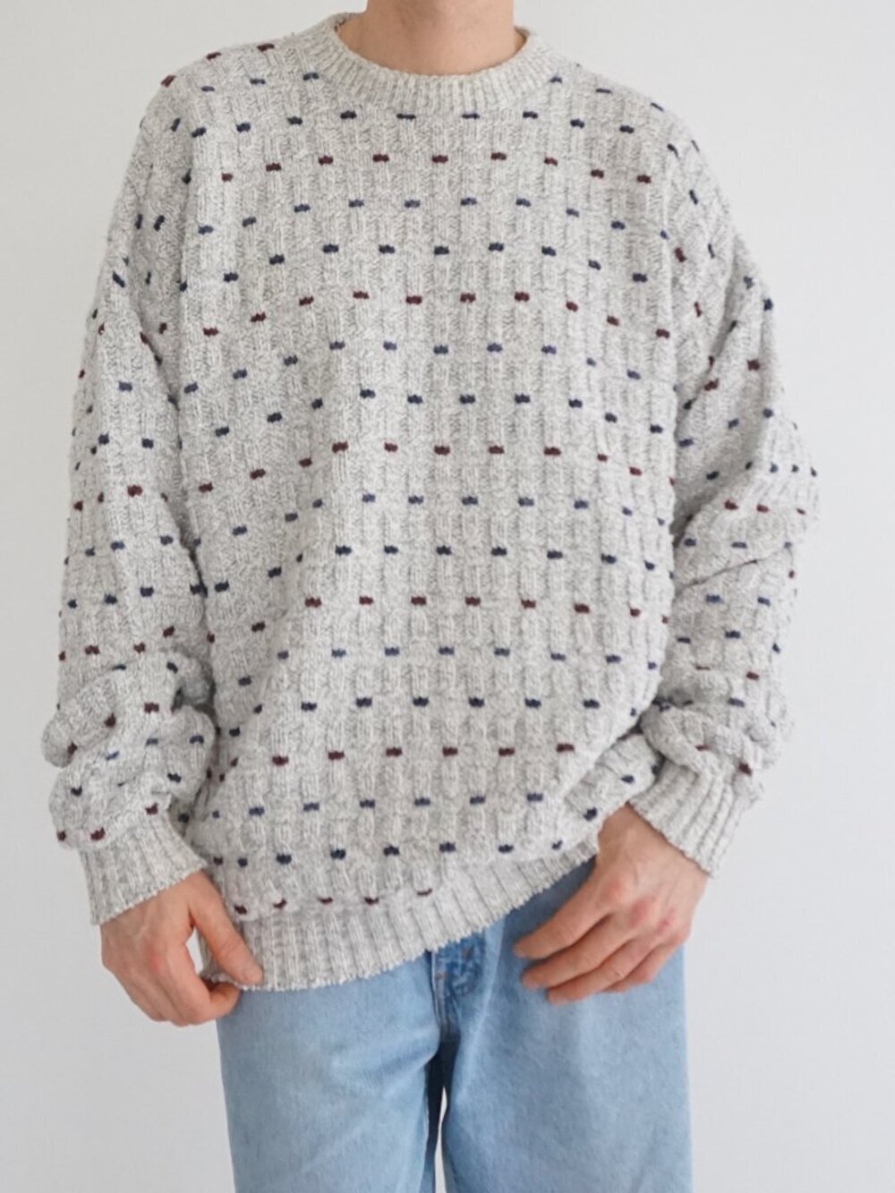 Vintage FieldMaster Grey Dot Birdseye Cotton Fisherman Knit Grandpa Sweater 2XLT